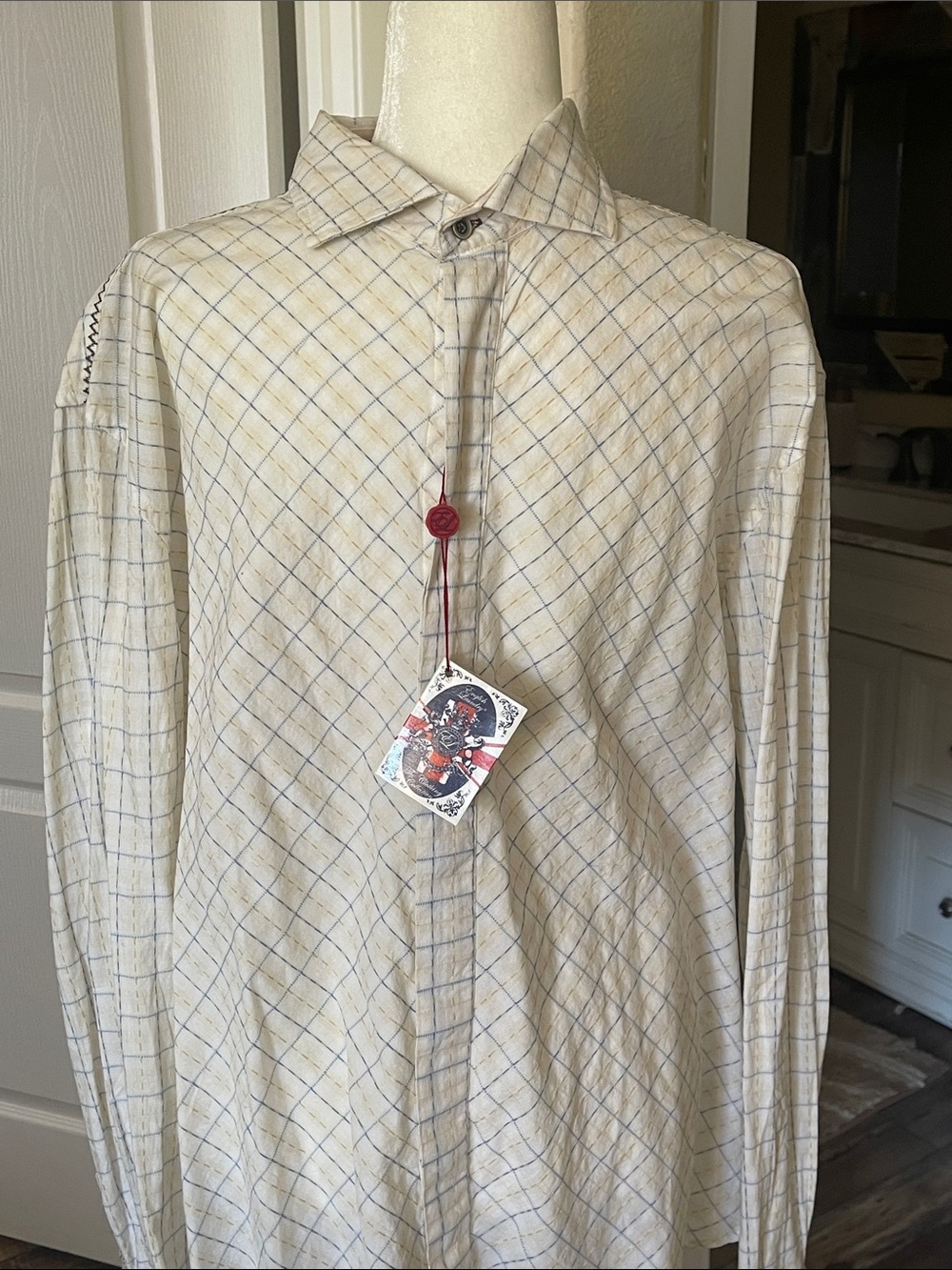 English Laundry Cream and Blue Windowpane Button-Down Shirt